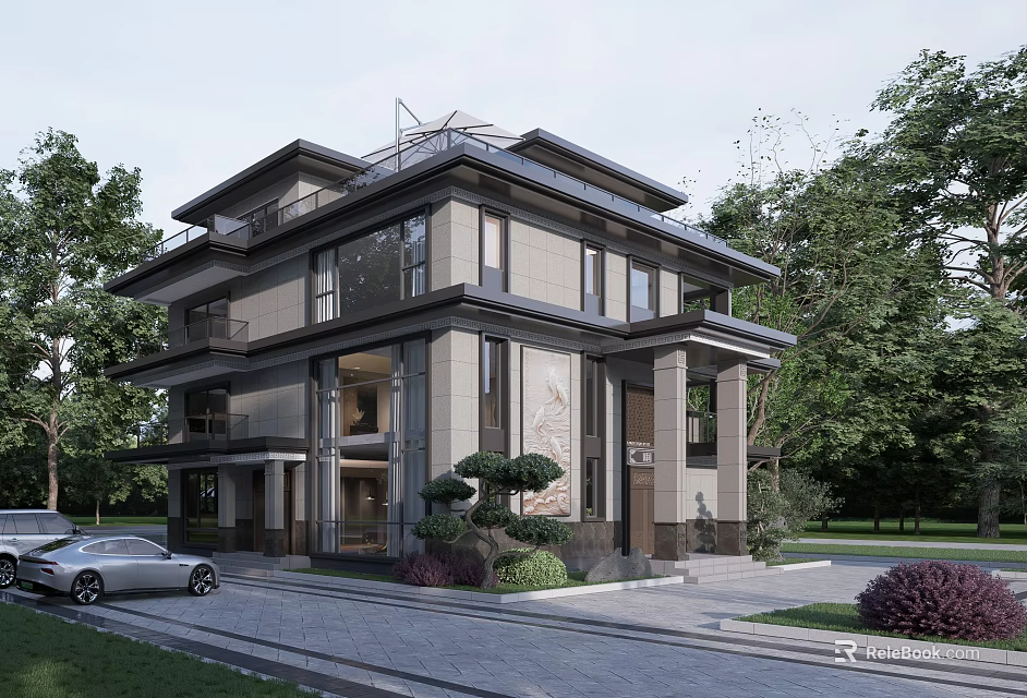 Modern Detached Villa Exterior Design With Lush Greenery Driveway And Car 3d model 