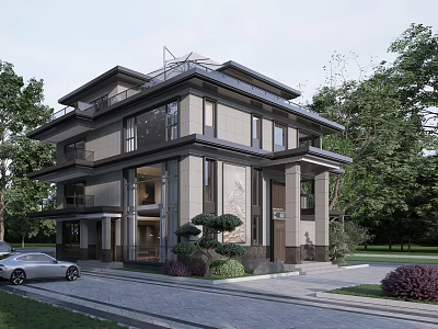 Modern Detached Villa Exterior Design With Lush Greenery Driveway And Car 3d model