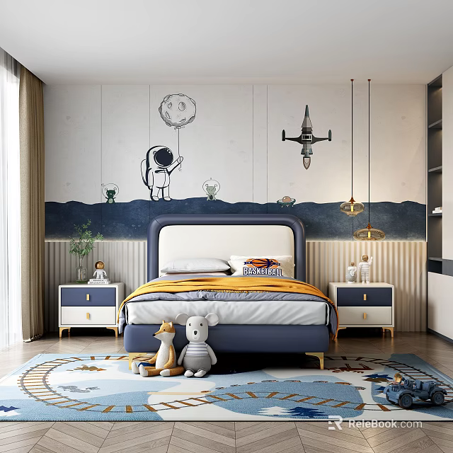 Kids Room Interior With Blue Headboard Bed Astronaut Decor Airplane Model Stuffed Toys And Rug 3d model 