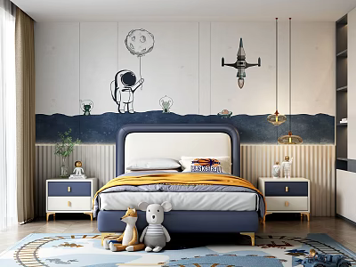 Kids Room Interior With Blue Headboard Bed Astronaut Decor Airplane Model Stuffed Toys And Rug 3d model