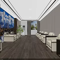 Modern Conference Room Interior With White Sofas Wooden Floors And Decorative Paintings