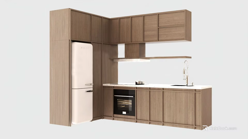 Modern Wooden Kitchen Cabinets Interior Design With White Refrigerator Black Oven And White Countertop 3d model 