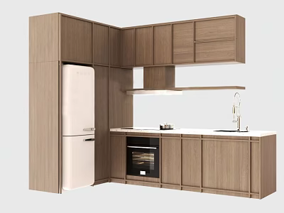Modern Wooden Kitchen Cabinets Interior Design With White Refrigerator Black Oven And White Countertop 3d model