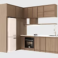 Modern Wooden Kitchen Cabinets Interior Design With White Refrigerator Black Oven And White Countertop