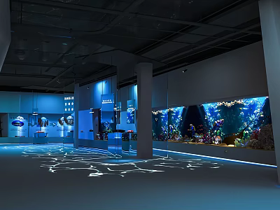 Modern Cultural Center Interior With Large Aquariums And Interactive Lighting Displays 3d model