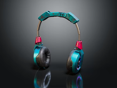 Modern Teal And Red Audio Headphones With Metallic Headband And Black Earpads 3d model