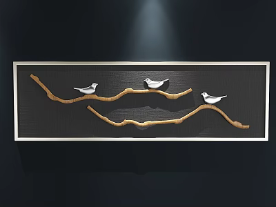 Abstract Painting With White Birds On Wooden Branches Dark Background Metallic Frame 3d model