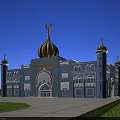 Traditional Islamic Religious Mosque Exterior With Green Yellow Domes And Crescent On Blue Sky