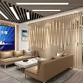 Modern Public Office Space Interior With Reception Counter Sofas Coffee Table And Ceiling Light Strips 3d model