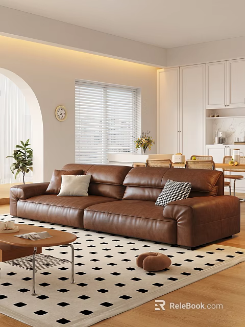 Modern Living and Dining Room With Brown Leather Sofa Pillows Coffee Table Dining Chairs 3d model 