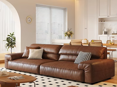Modern Living and Dining Room With Brown Leather Sofa Pillows Coffee Table Dining Chairs 3d model