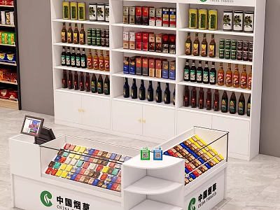 Retail Display Shelves with Assorted Products and Glass Counter for China Tobacco Store 3d model