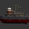 Vintage Warship Model with Three Chimneys Dark Blue Red Hull and Detailed Wooden Deck