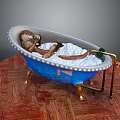 Blue Bathtub With Gold Legs White Foam Dinosaur Toy And Metal Stand On Wooden Floor