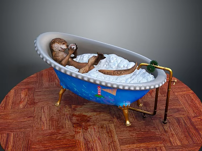 Blue Bathtub With Gold Legs White Foam Dinosaur Toy And Metal Stand On Wooden Floor 3d model