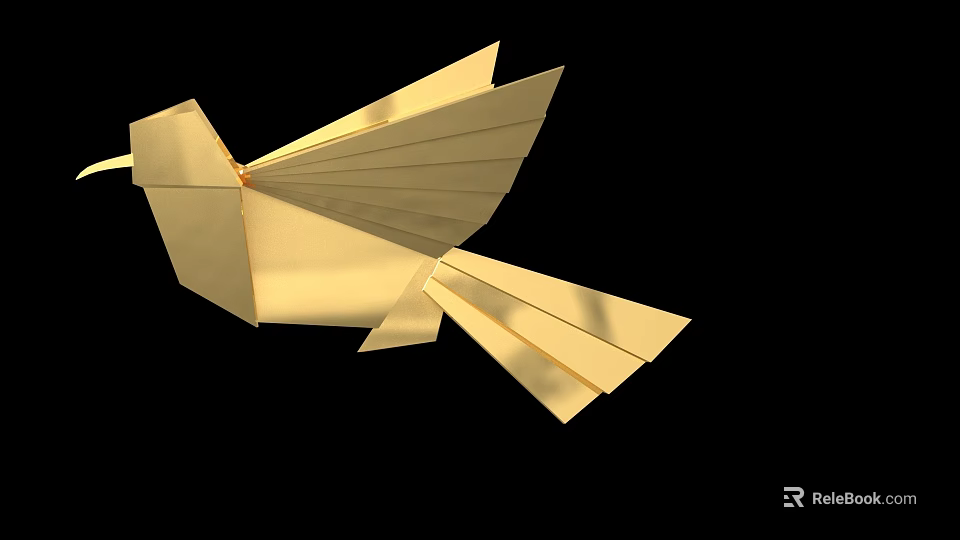 Golden Origami Bird Paper Craft Artwork With Wing Design Against Black Background 3d model 
