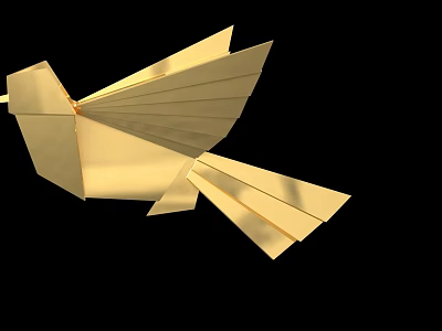 Golden Origami Bird Paper Craft Artwork With Wing Design Against Black Background 3d model