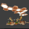 Live Stream Room With Honeycomb Shaped Ceiling Lighting Orange Decorative Plants And Geometric Bases