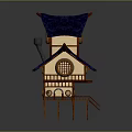 Traditional Stilted Multi Level Building With Blue Roof Circular Windows And Wooden Structure