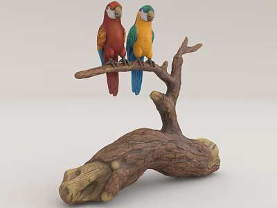 Colorful Parrot Sculpture Carving with Detailed Feathers on Natural Wooden Branch 3d model