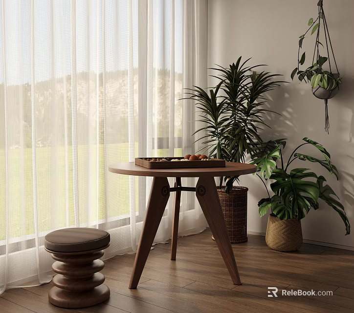 Wooden Round Outdoor Table By Window With Stool Potted Plants And Green Lawn View 3d model 