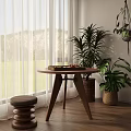 Wooden Round Outdoor Table By Window With Stool Potted Plants And Green Lawn View