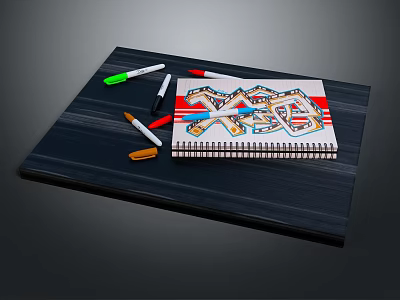 Spiral Bound Notebook With Assorted Colored Markers On Dark Tabletop Surface 3d model