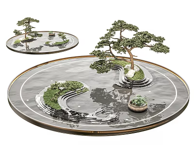 Circular Water Fountain with Bonsai Trees Small Steps and Reflective Water Surface 3d model