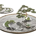 Circular Water Fountain with Bonsai Trees Small Steps and Reflective Water Surface