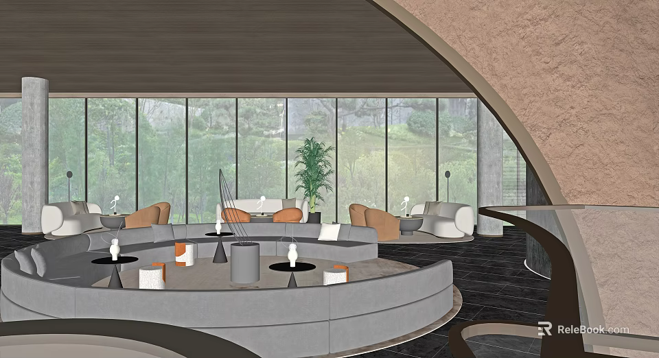 Modern Leisure Area With Curved Sofas Round Tables Plants Large Windows And Natural Views 3d model 