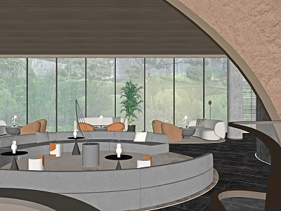 Modern Leisure Area With Curved Sofas Round Tables Plants Large Windows And Natural Views 3d model