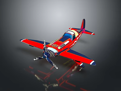 Red Blue And White Toy Airplane Model With Propeller On Dark Background 3d model