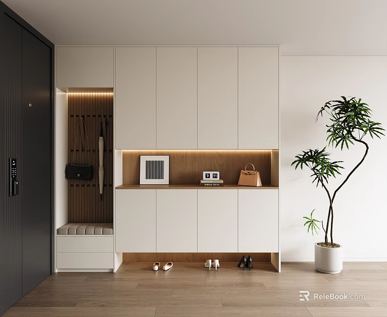 Modern White Shoe Cabinet With Storage Shelf Hanger And Shoes Nearby Plant 3d model 