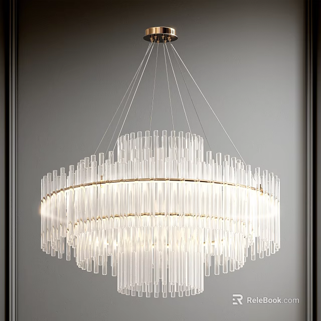 Modern Elegant Crystal Chandelier With Transparent Long Crystal Tubes And Bright Hanging Lighting Design 3d model 