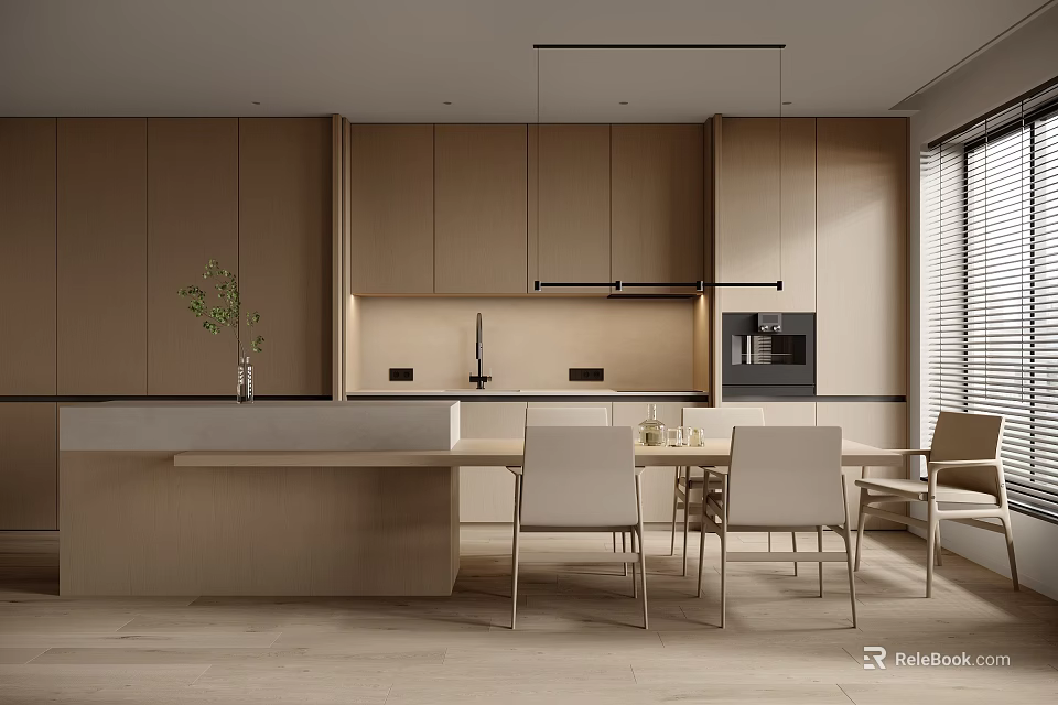 Minimalist Modern Kitchen Interior With Light Wood Cabinets Island Counter Dining Table And Pendant Lights 3d model 
