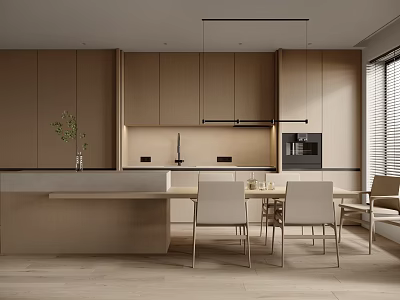 Minimalist Modern Kitchen Interior With Light Wood Cabinets Island Counter Dining Table And Pendant Lights 3d model