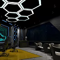 VR Virtual Experience Center Interior With Blue Lighting Hexagon Walls And Screens