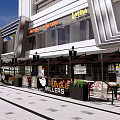 Modern Commercial Street Outdoor Area With Storefronts Umbrellas Plants And Pedestrians