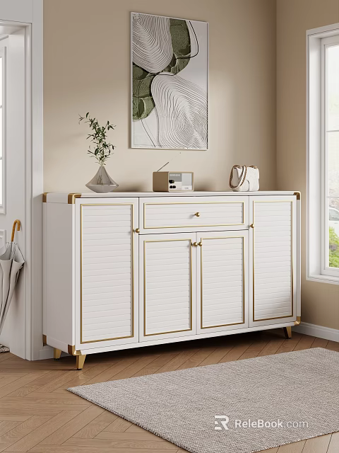 Modern Elegant Entryway Interior With White Gold Trim Cabinet Green Plant Radio Handbag Wall Art 3d model 