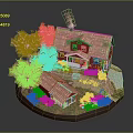 Modern House Model Scene With Red Roof Building And Colorful Trees On Lawn