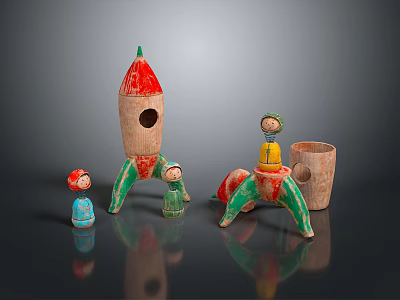 Colorful Handmade Crafts Featuring Rocket Shape Figure Spider Like Toy And Small Container 3d model