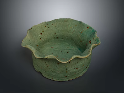 Handmade Green Ceramic Bowl with Scalloped Edge and Brown Speckles for Daily Household Use 3d model