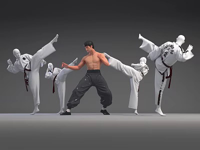 Shirtless Martial Artist Standing With Taekwondo Characters In Dynamic Kicking Poses 3d model