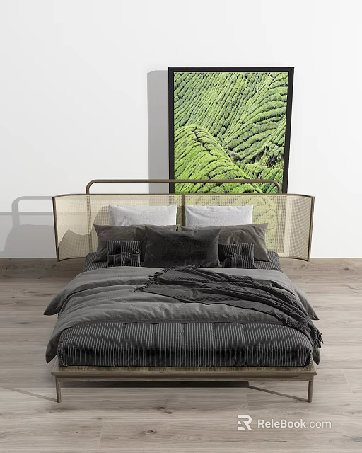 Modern Minimalist Double Bed With Metal Headboard Gray Bedding And Green Wall Art 3d model 
