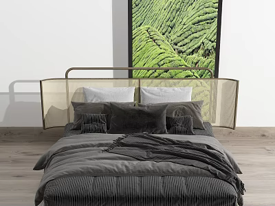 Modern Minimalist Double Bed With Metal Headboard Gray Bedding And Green Wall Art 3d model
