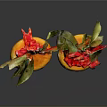 Textured Decorated Oranges With Red Ribbons Green Leaves And Chilies On Black Background