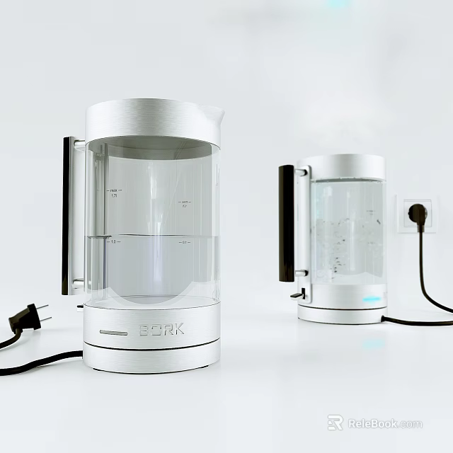 BORK Electric Kettles With Transparent Glass Body White Silver Base And Power Cord 3d model 