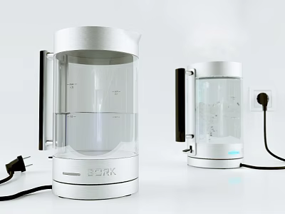 BORK Electric Kettles With Transparent Glass Body White Silver Base And Power Cord 3d model