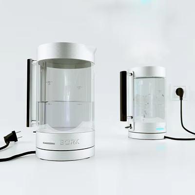 BORK Electric Kettles With Transparent Glass Body White Silver Base And Power Cord 3d model