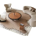 Curved Beige Sofa and Round Coffee Table Set with Accent Chairs Patterned Rug and Vase